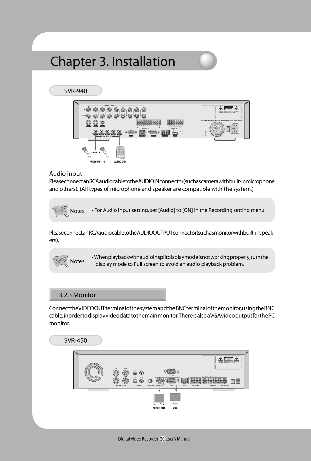 Samsung 450 user manual SVR-940 Audio input, Monitor 