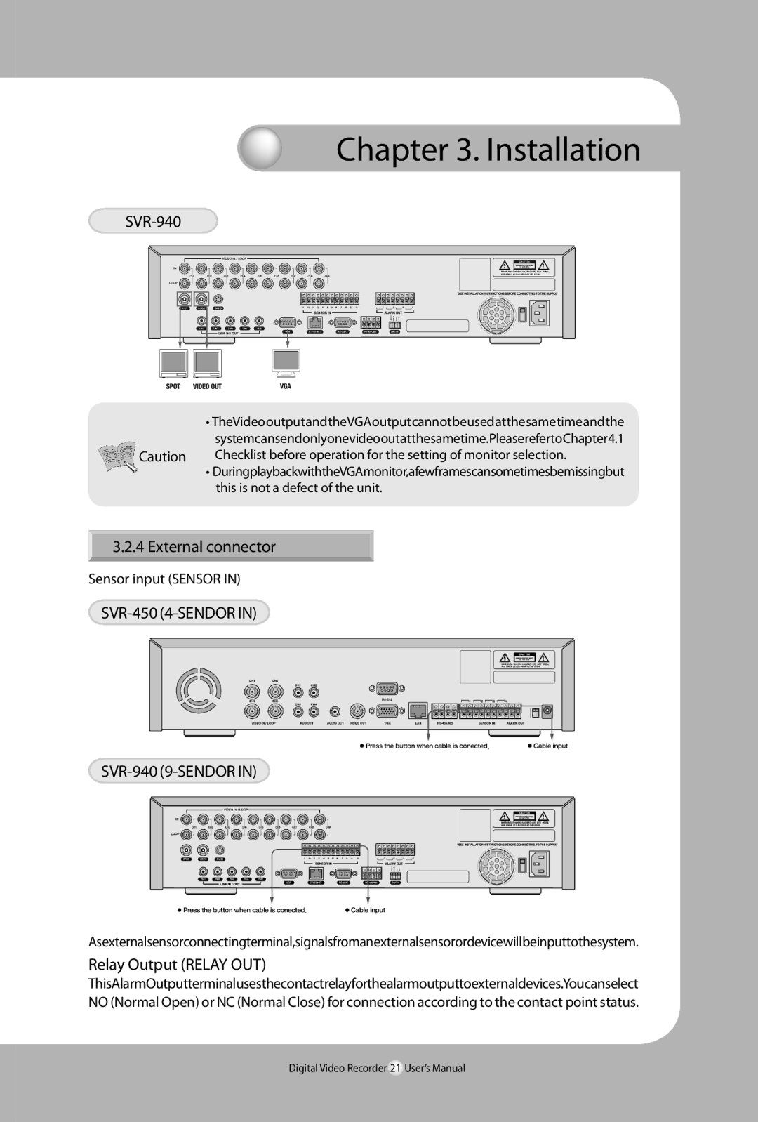 Samsung user manual External connector, SVR-450 4-SENDOR SVR-940 9-SENDOR, Relay Output Relay OUT, Sensor input Sensor 