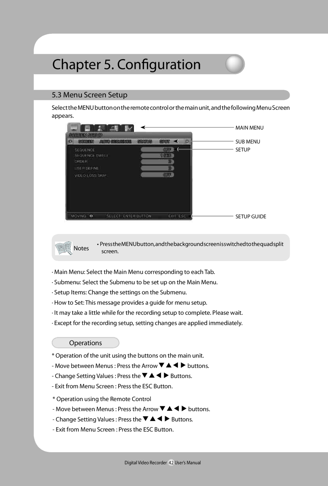 Samsung SVR-940, 450 user manual Menu Screen Setup, Operations 