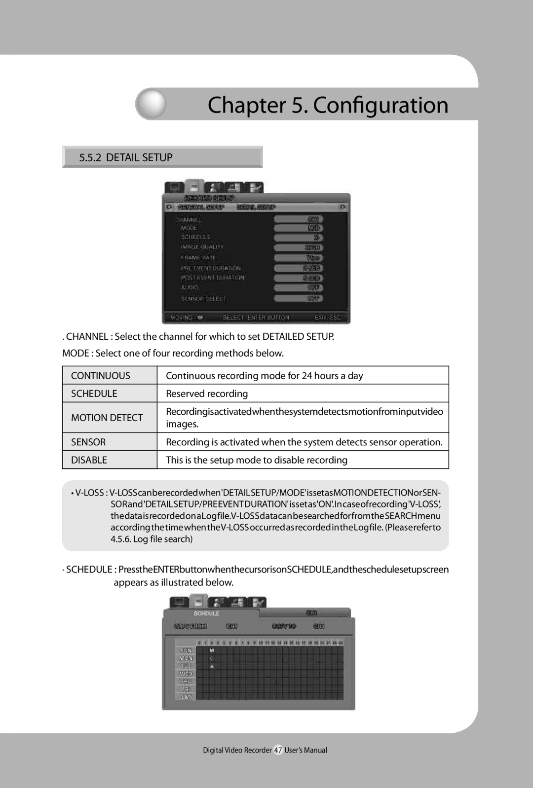 Samsung 450, SVR-940 user manual Detail Setup, Continuous, Motion Detect, Disable 