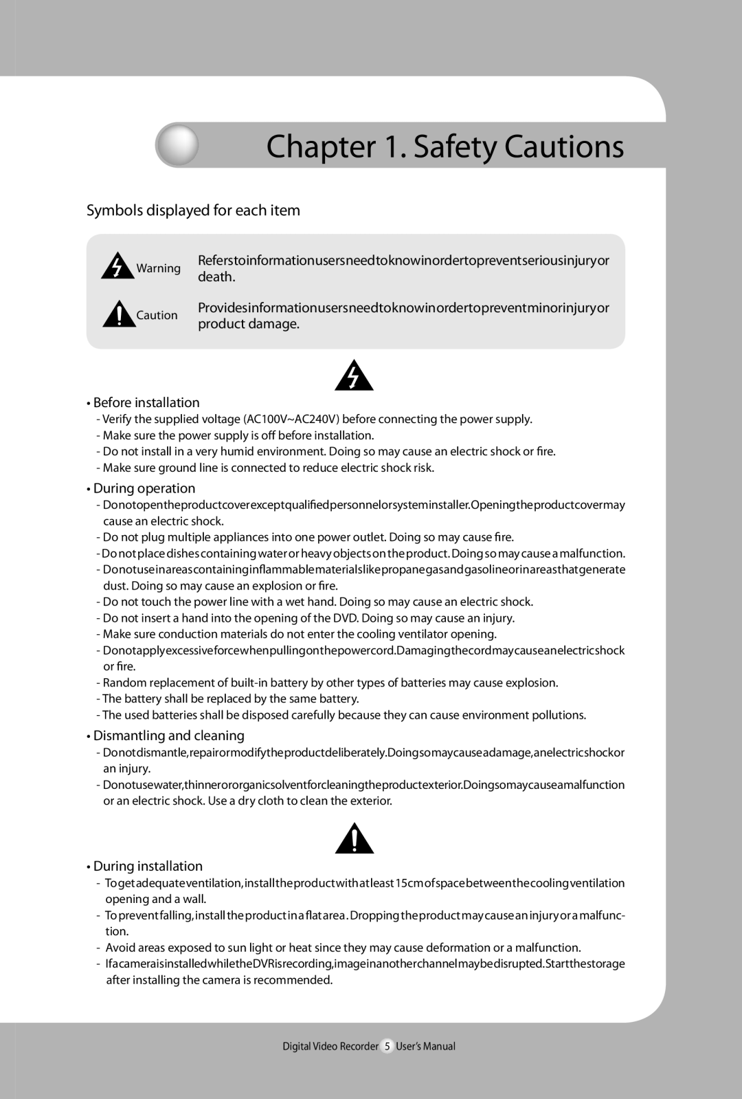 Samsung 450, SVR-940 user manual Safety Cautions, Symbols displayed for each item 