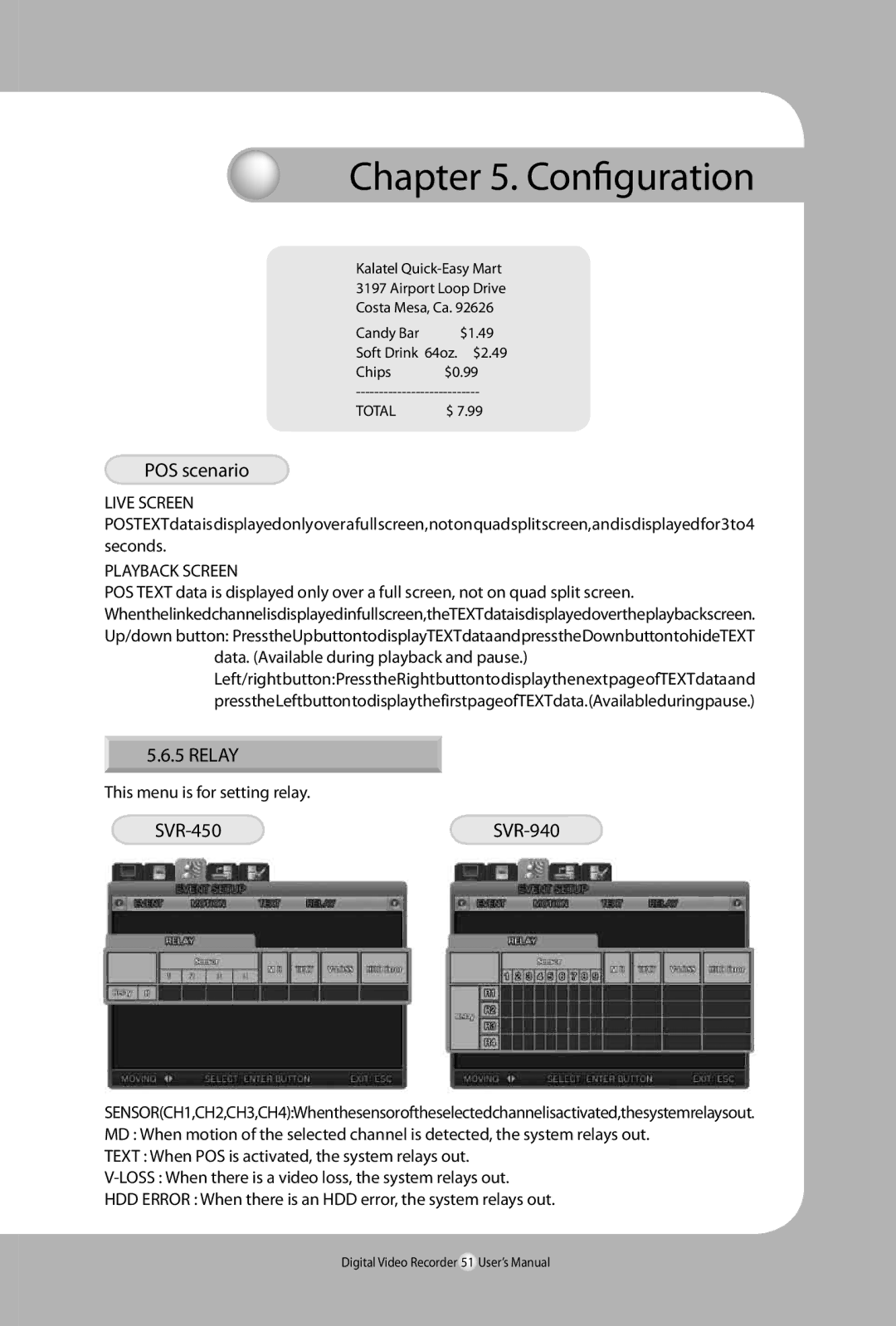 Samsung 450, SVR-940 user manual POS scenario, Relay, Live Screen, Playback Screen 