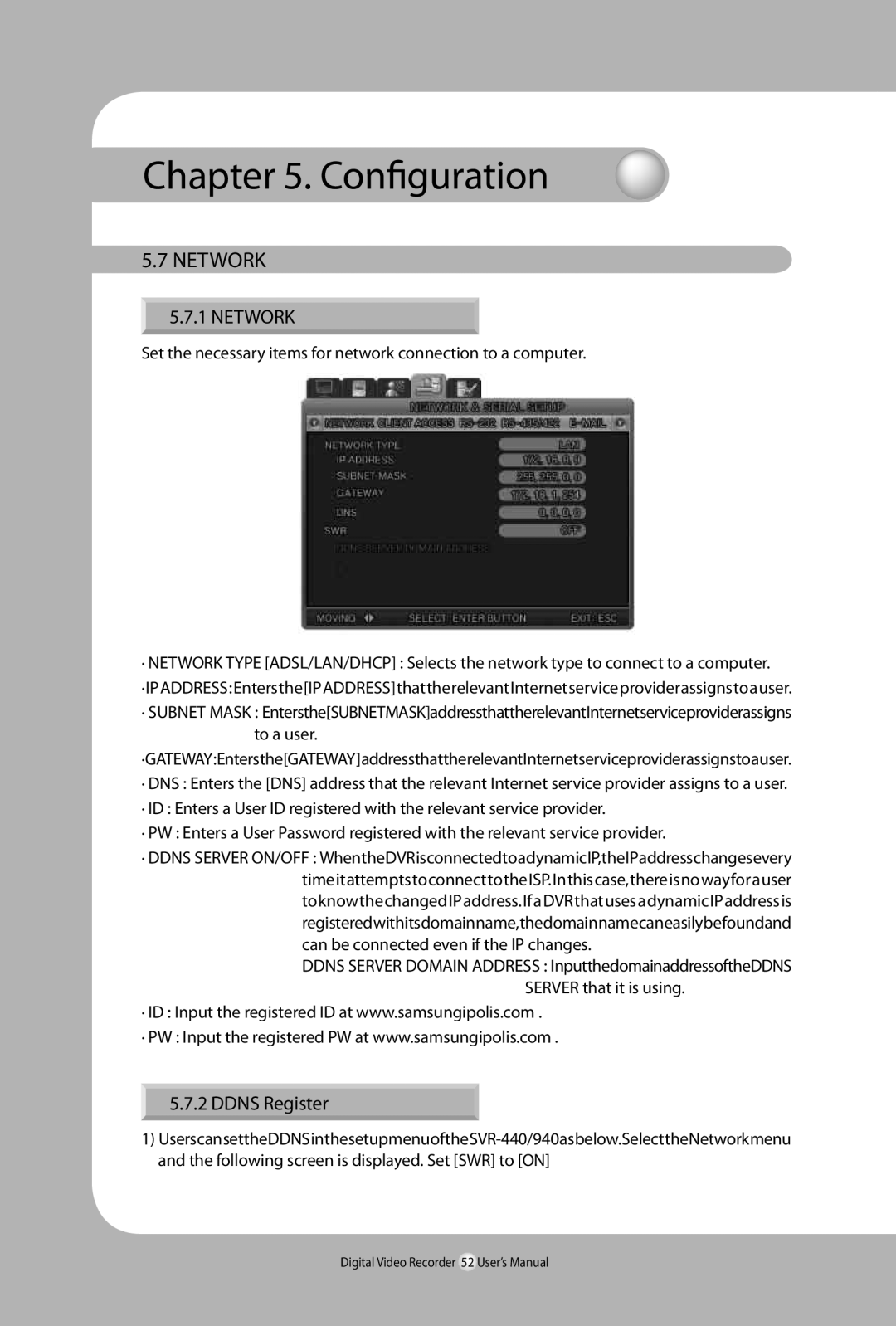 Samsung SVR-940, 450 user manual Network, Ddns Register 