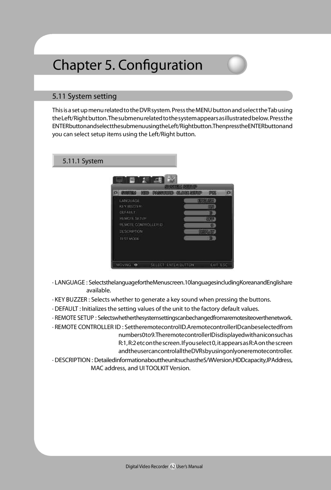 Samsung SVR-940, 450 user manual System setting 