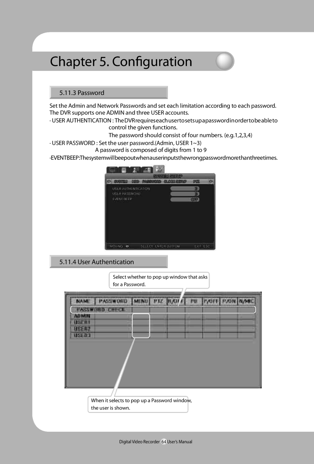 Samsung SVR-940, 450 user manual Password, User Authentication 