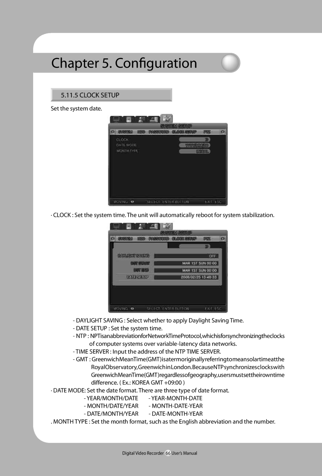 Samsung SVR-940, 450 Clock Setup, Time Server Input the address of the NTP Time Server, Year/Month/Date, Month/Date/Year 