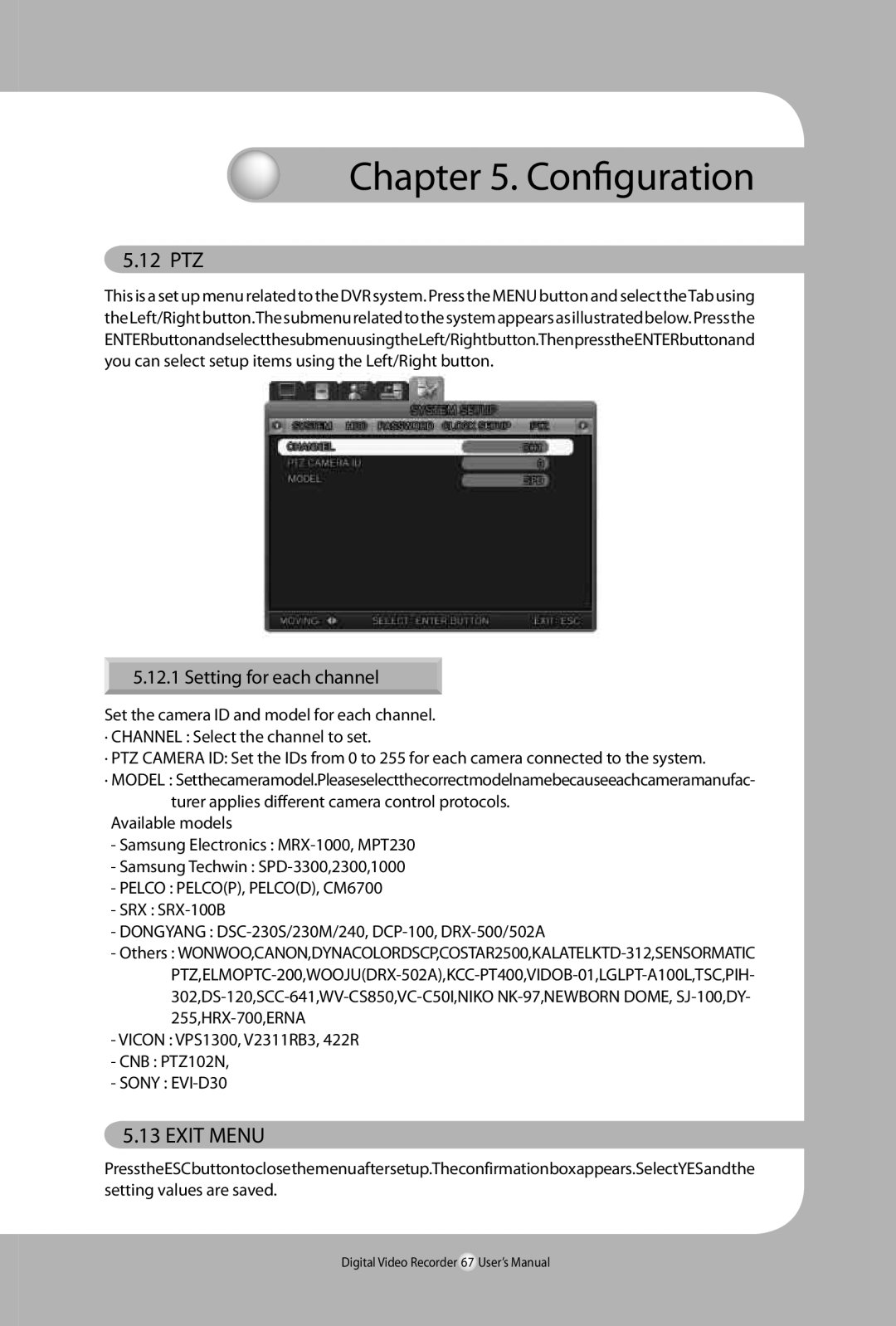 Samsung 450, SVR-940 user manual 12 PTZ, Setting for each channel, Pelco PELCOP, PELCOD, CM6700 