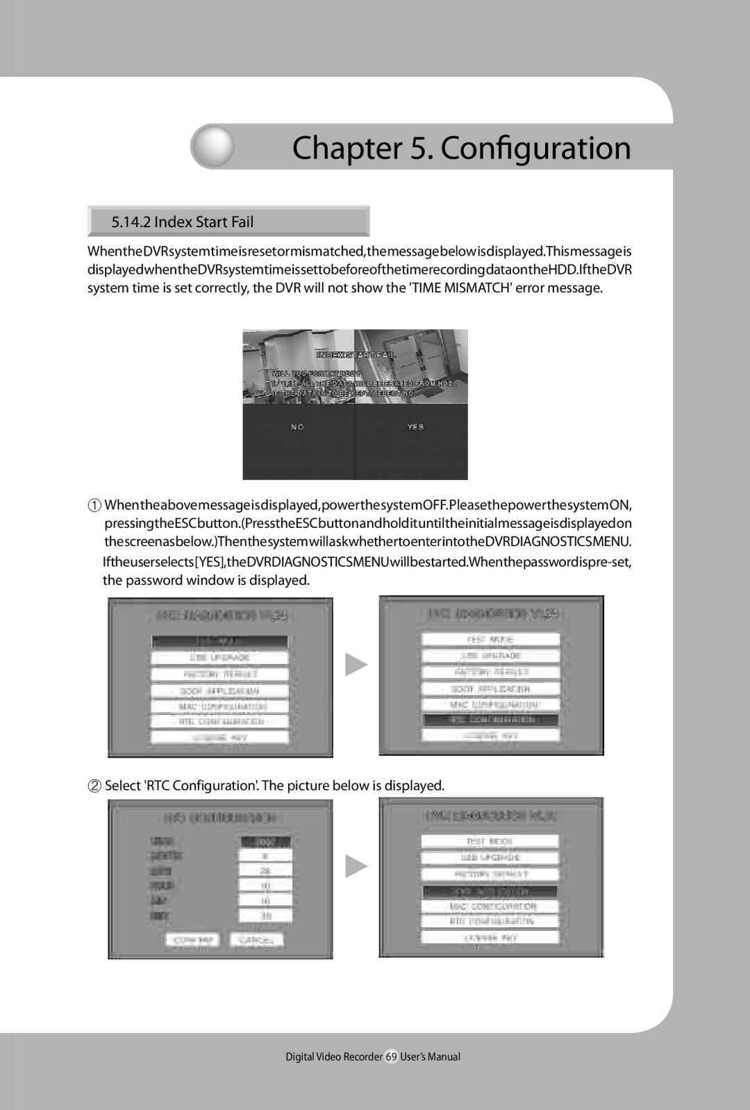 Samsung 450, SVR-940 user manual Index Start Fail, ② Select RTC Configuration. The picture below is displayed 