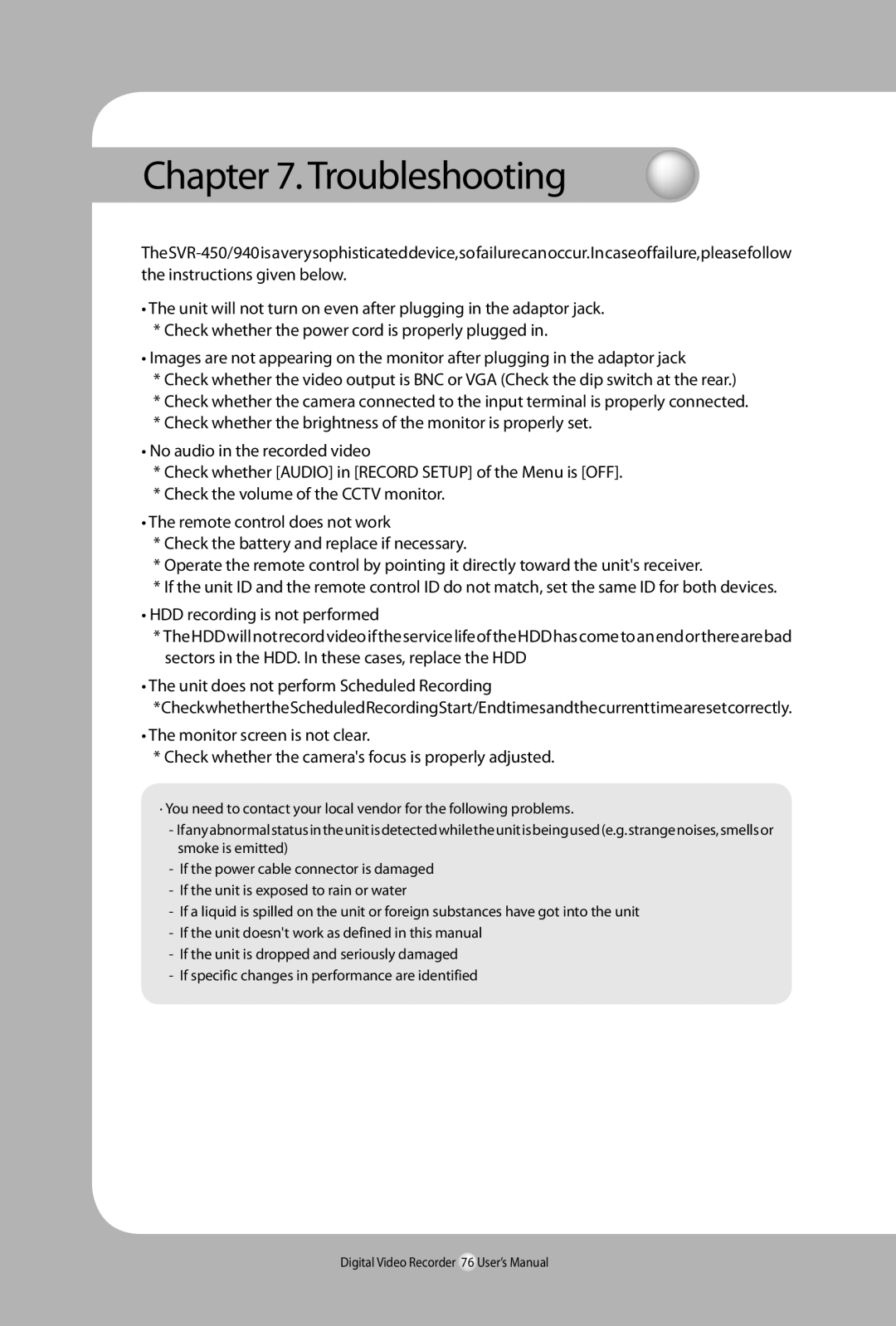 Samsung SVR-940, 450 user manual Troubleshooting 