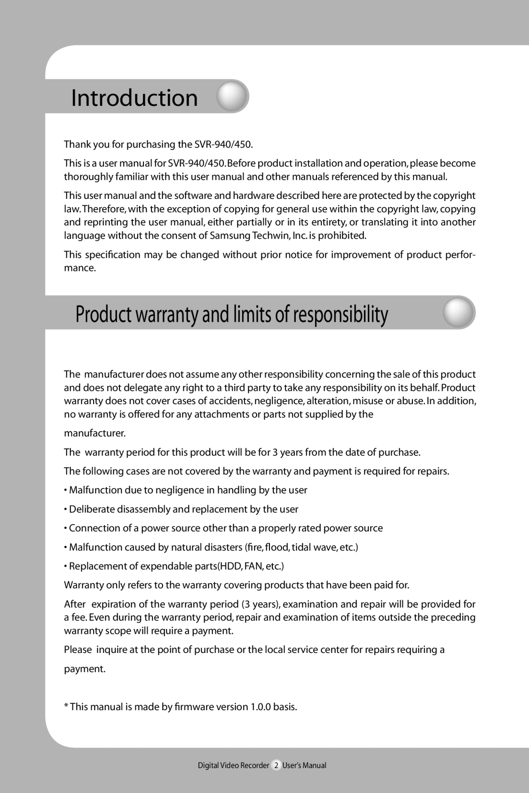 Samsung SVR-940/450 user manual Introduction, Product warranty and limits of responsibility 