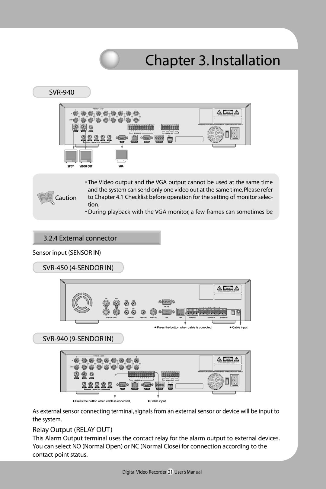 Samsung SVR-940/450 External connector, SVR-450 4-SENDOR SVR-940 9-SENDOR, Relay Output Relay OUT, Sensor input Sensor 