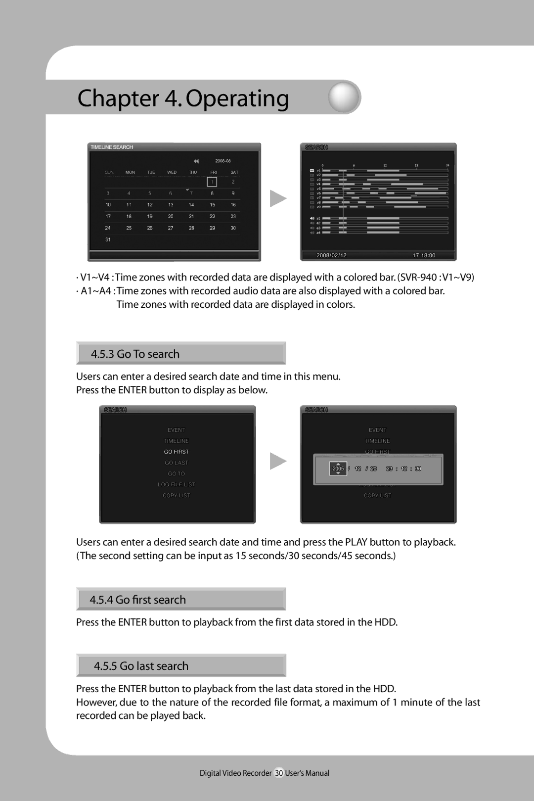 Samsung SVR-940/450 user manual Go To search, Go first search, Go last search 