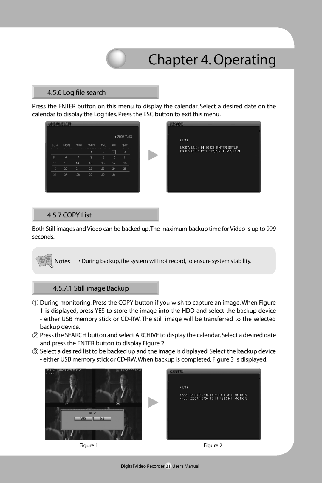 Samsung SVR-940/450 user manual Log file search, Copy List, Still image Backup 