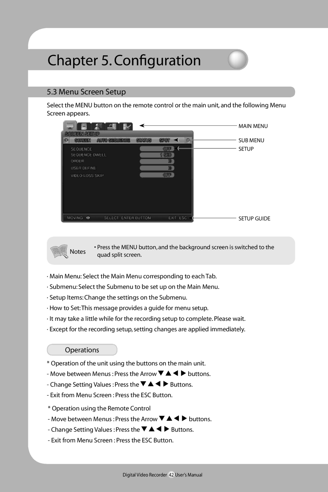 Samsung SVR-940/450 user manual Menu Screen Setup, Operations 