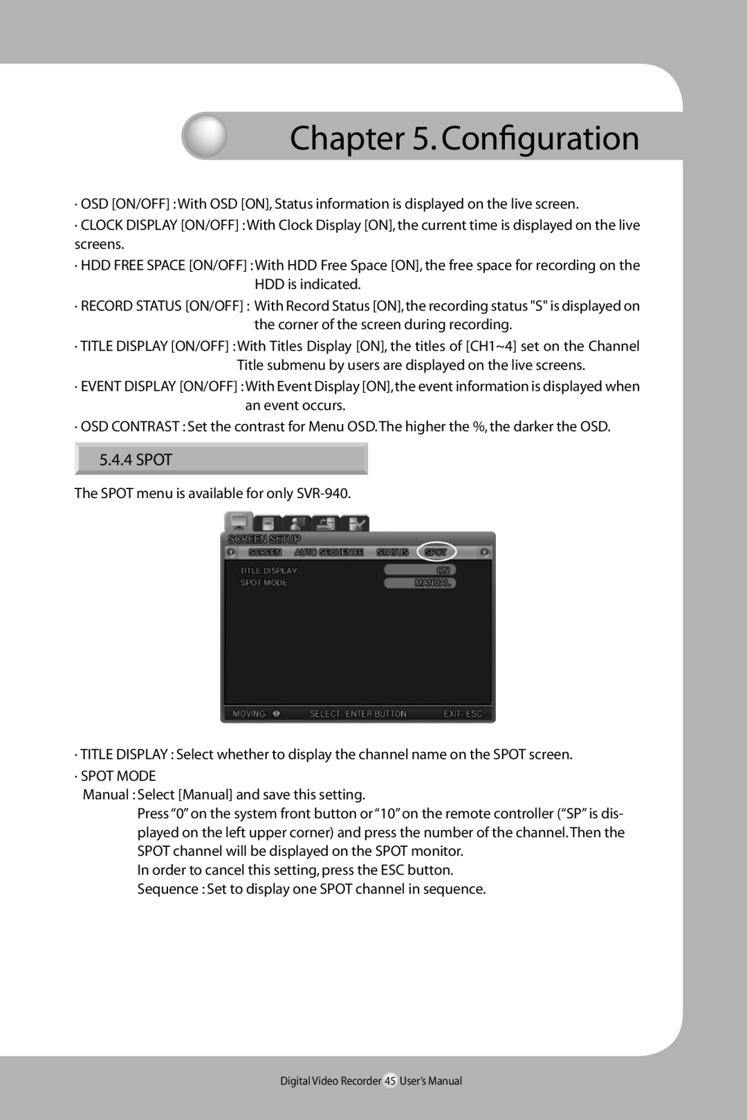 Samsung SVR-940/450 user manual · Spot Mode, Manual Select Manual and save this setting 