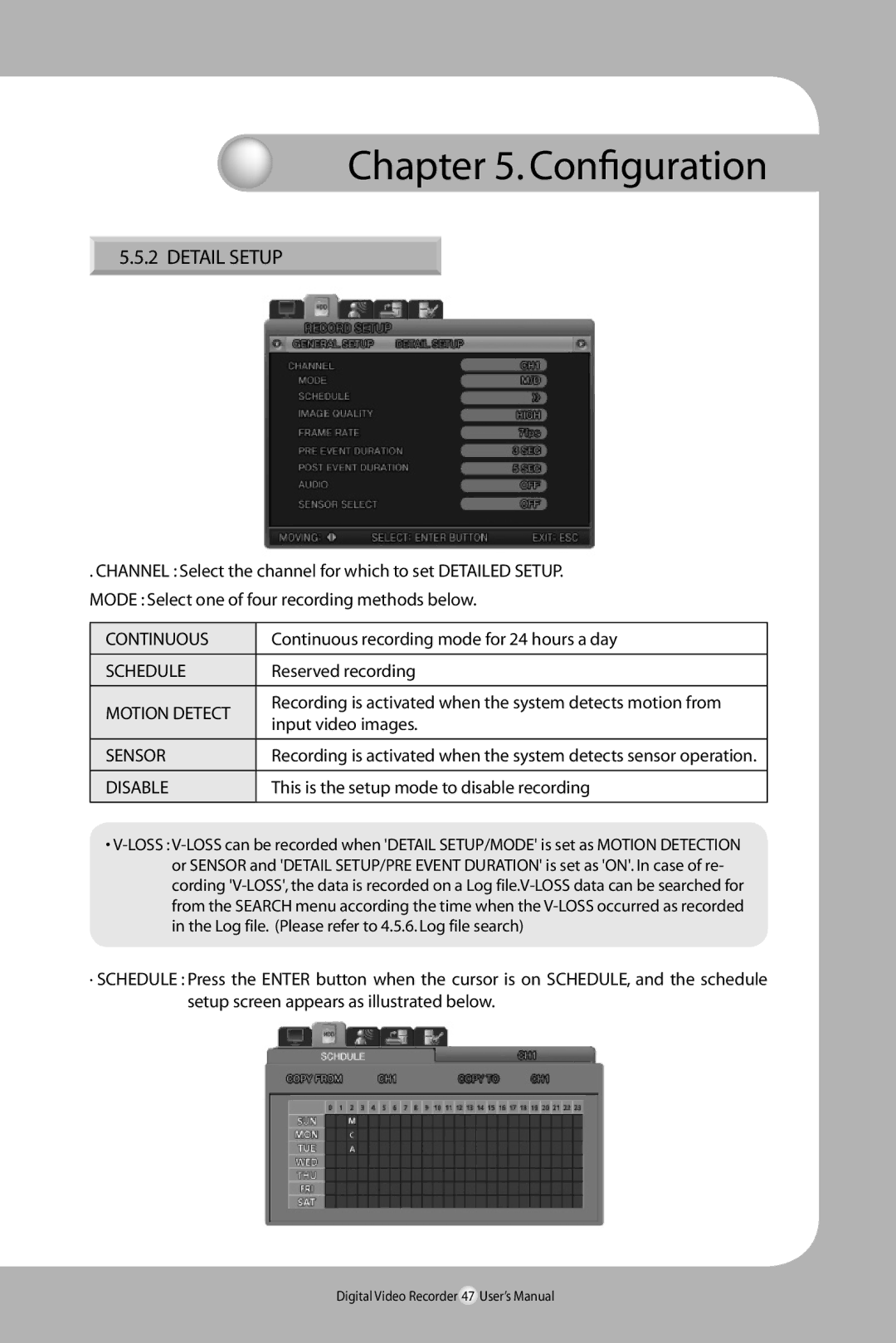 Samsung SVR-940/450 user manual Detail Setup, Continuous, Motion Detect, Disable 