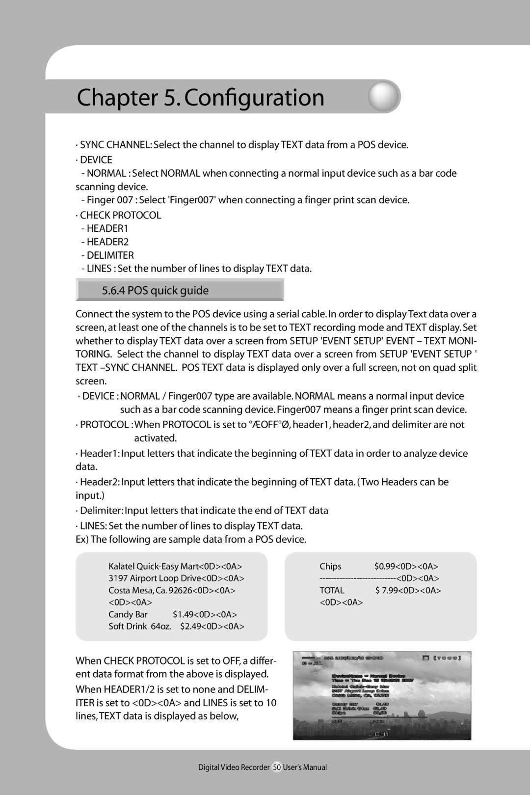 Samsung SVR-940/450 user manual POS quick guide, · Device, · Check Protocol HEADER1 HEADER2 Delimiter 