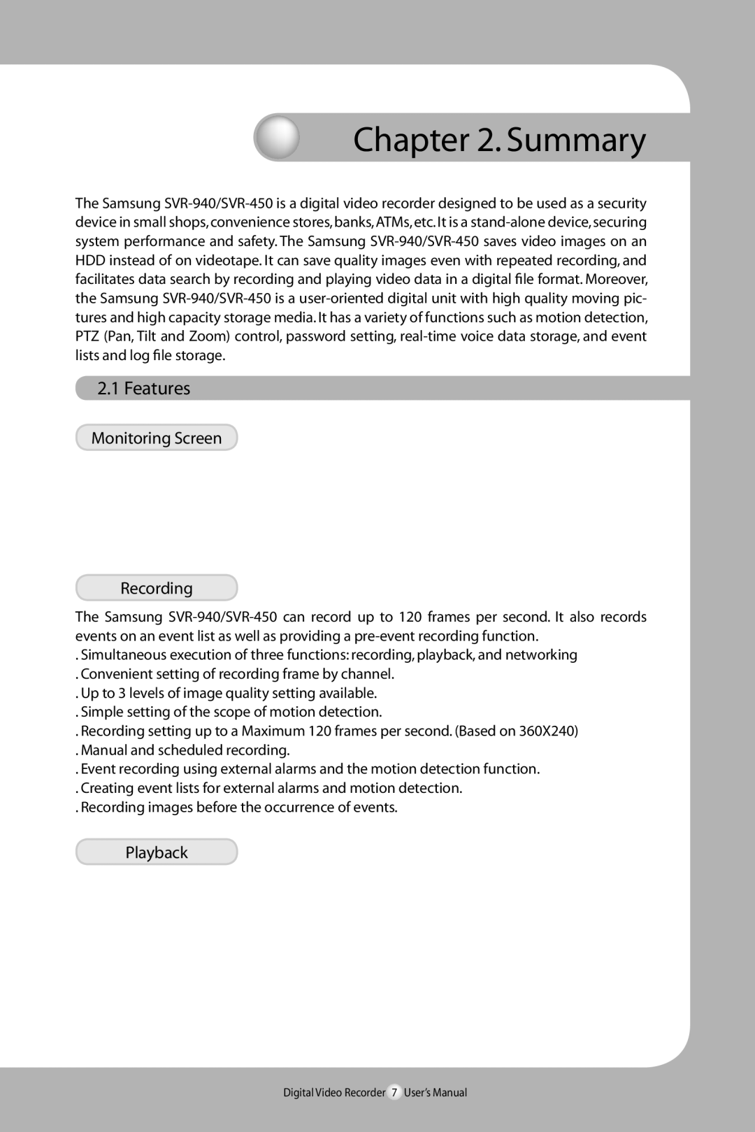 Samsung SVR-940/450 user manual Summary, Features, Monitoring Screen Recording, Playback 