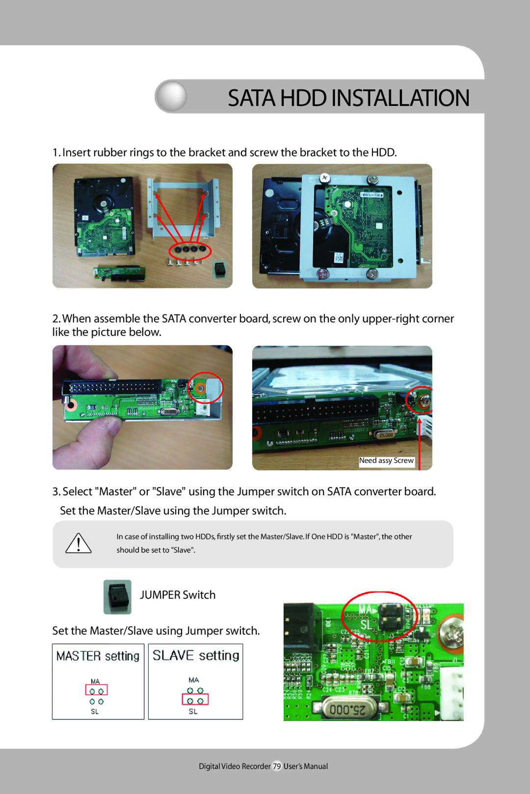 Samsung SVR-940/450 user manual Sata HDD Installation, Jumper Switch Set the Master/Slave using Jumper switch 