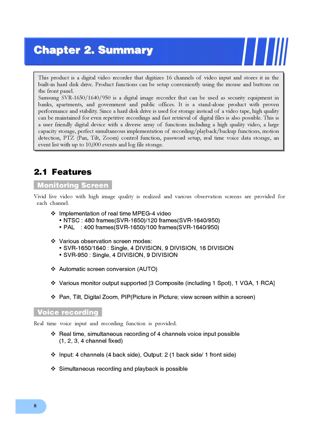 Samsung SVR-950, SVR-1640 user manual Features, Monitoring Screen, Voice recording 