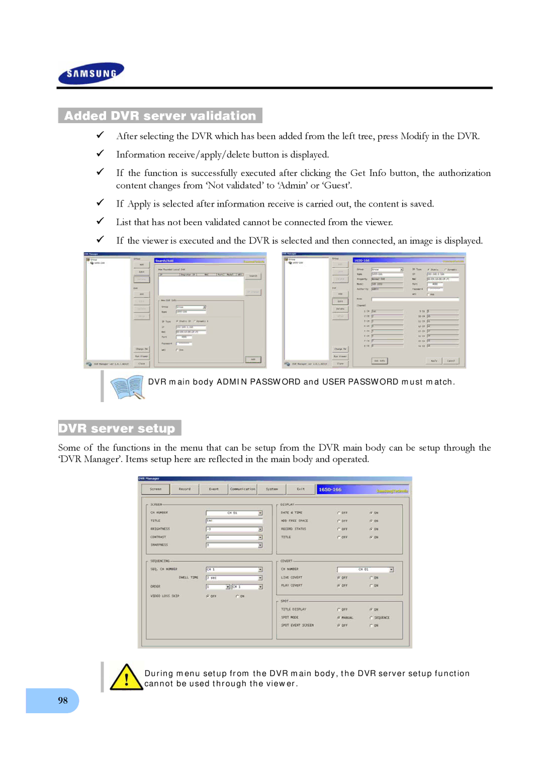 Samsung SVR-950, SVR-1640 user manual Added DVR server validation, DVR server setup 