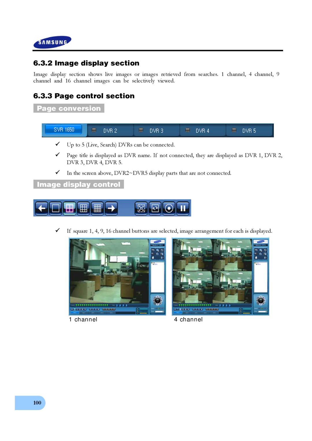 Samsung SVR-950, SVR-1640 user manual Image display section, Control section Page conversion, Image display control, Channel 