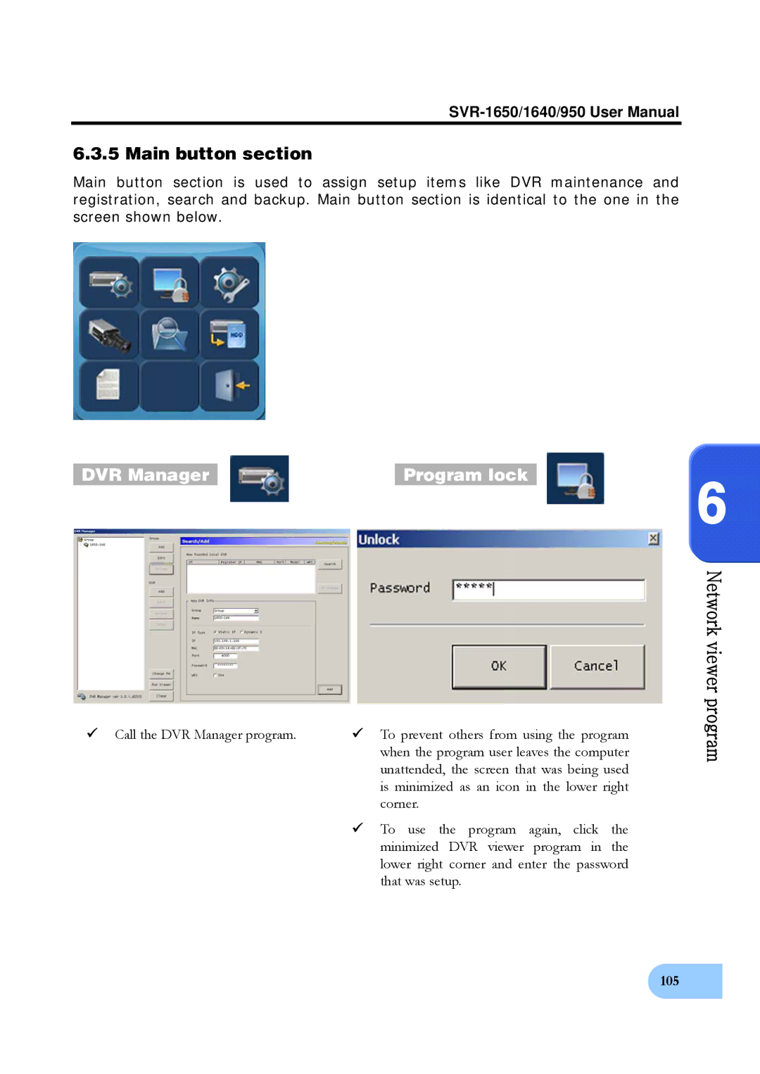 Samsung SVR-1640, SVR-950 user manual Main button section, DVR Manager Program lock 