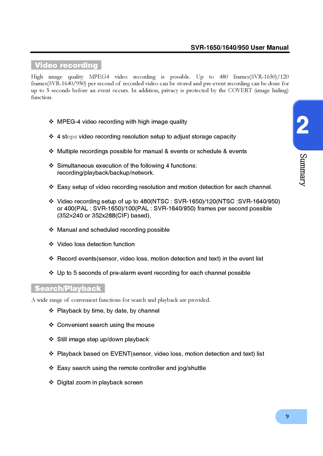 Samsung SVR-1640, SVR-950 user manual Video recording, Search/Playback 