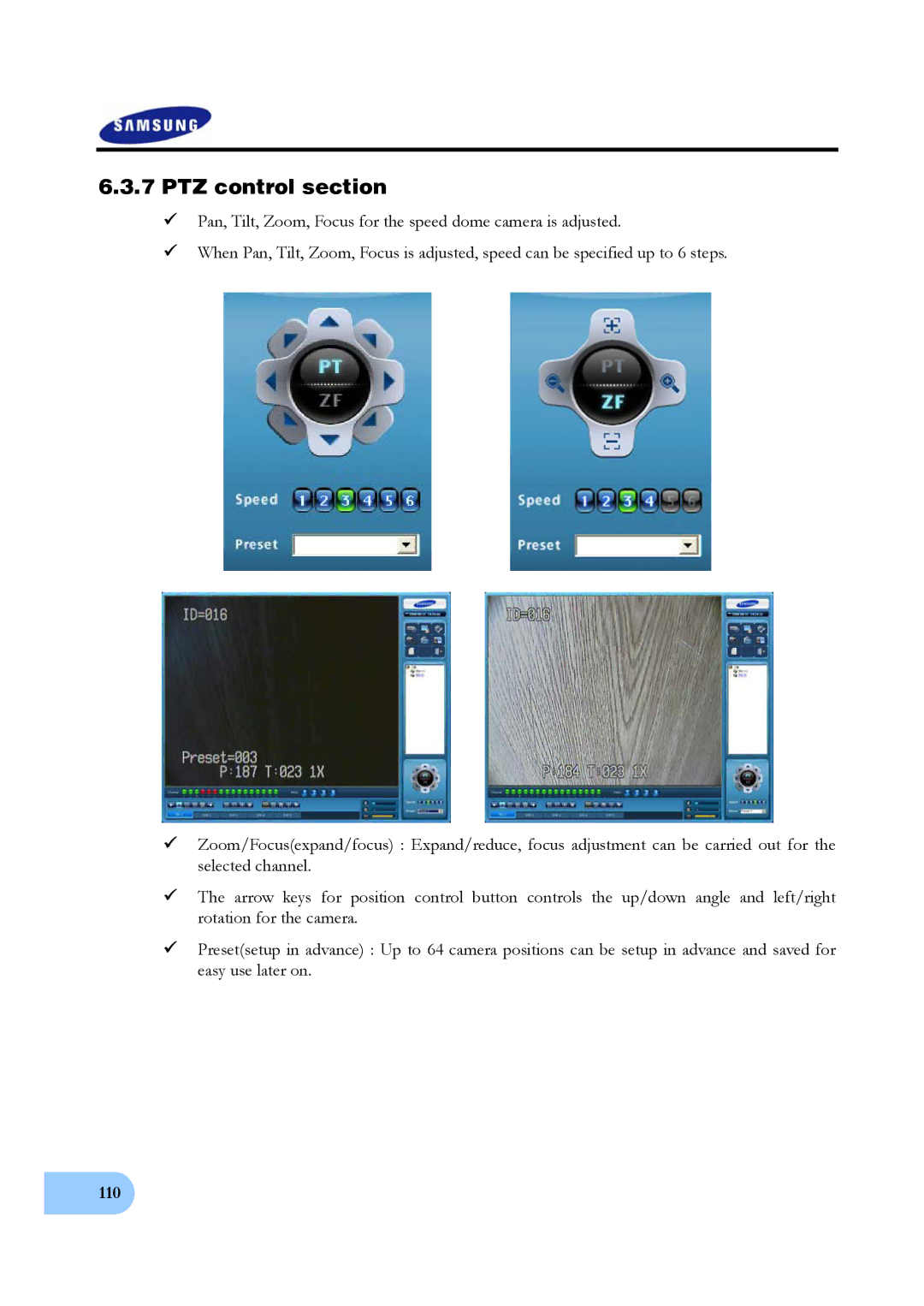 Samsung SVR-950, SVR-1640 user manual PTZ control section 