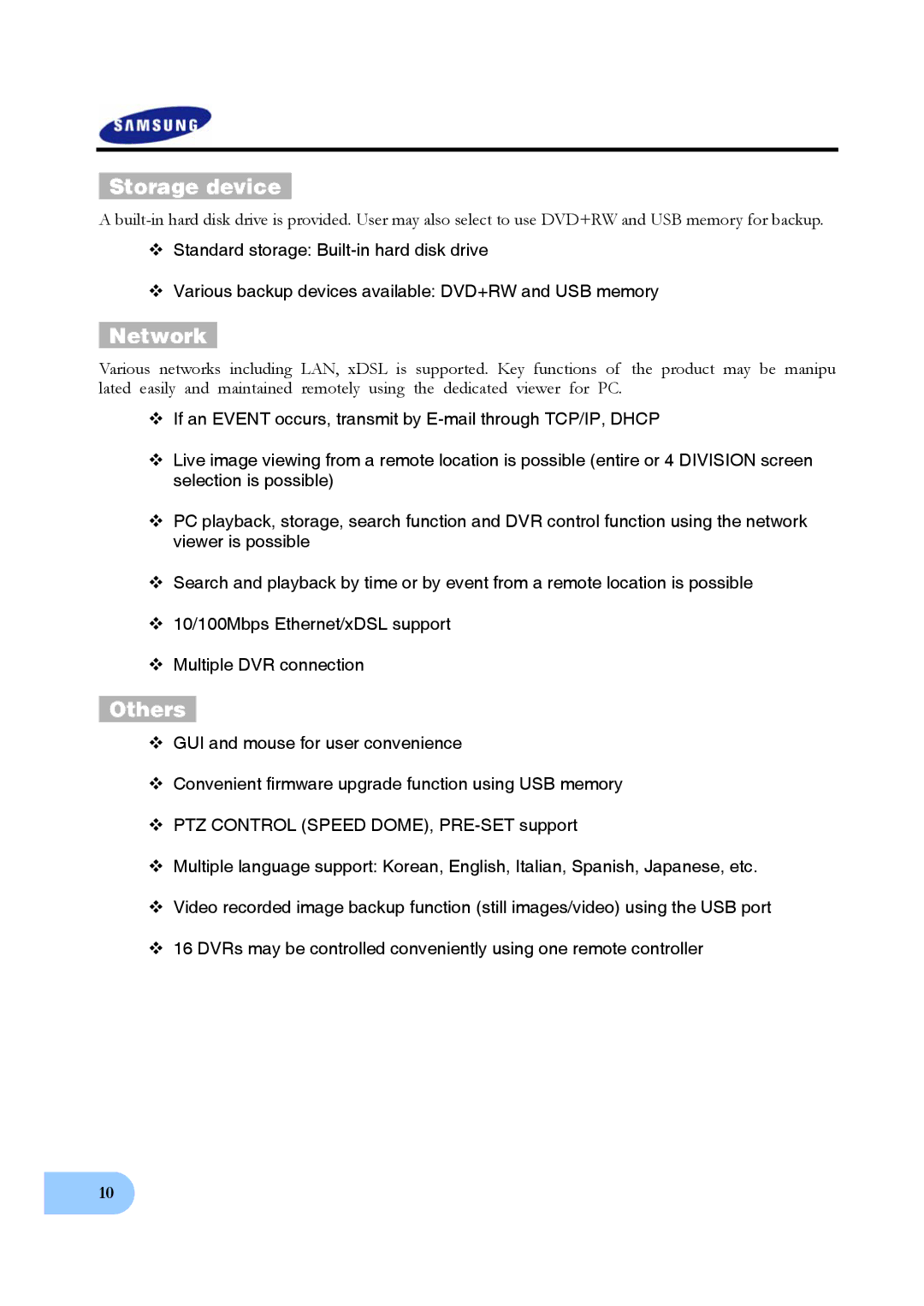 Samsung SVR-950, SVR-1640 user manual Storage device, Network, Others 