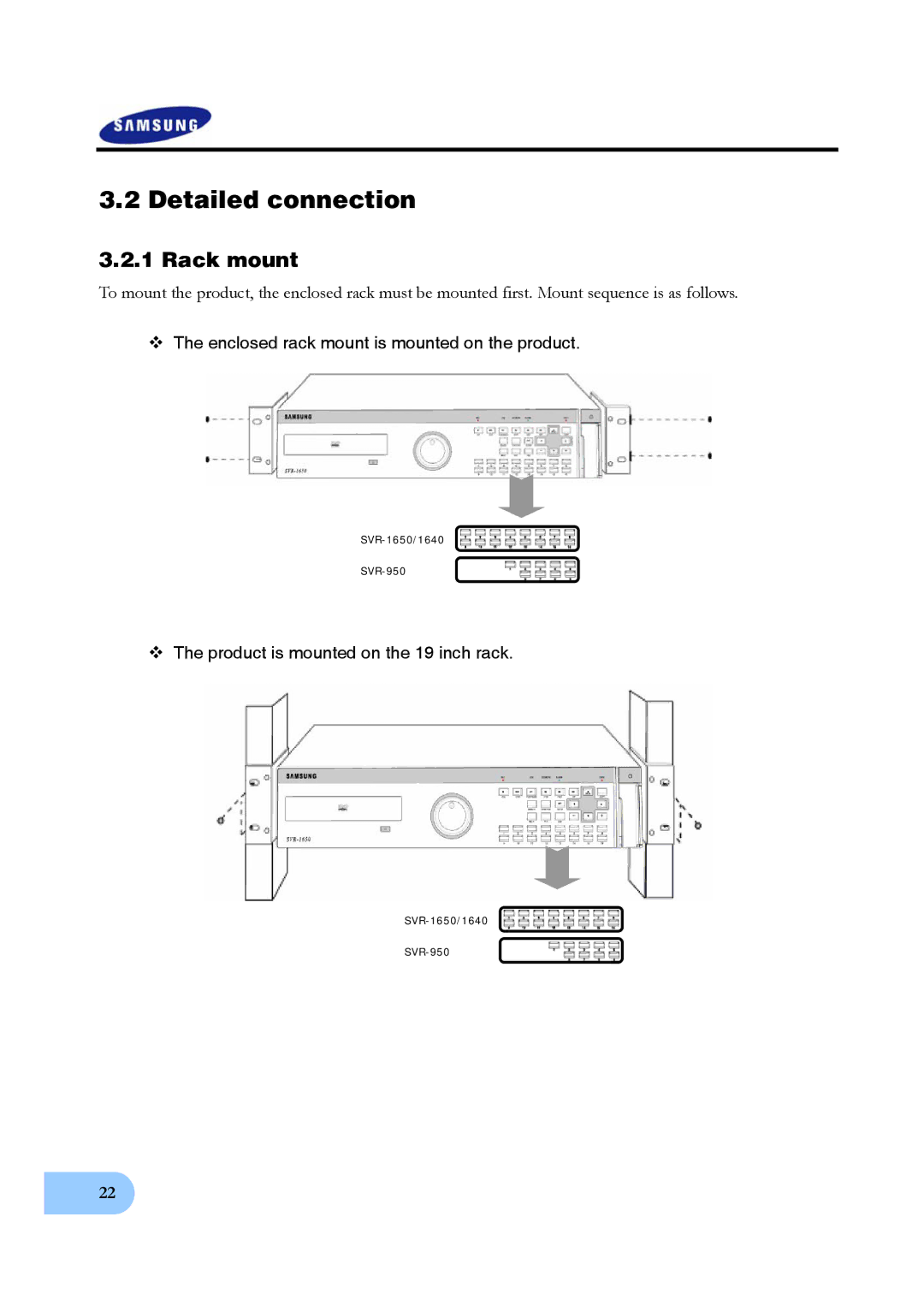 Samsung SVR-950, SVR-1640 user manual Detailed connection, Rack mount 