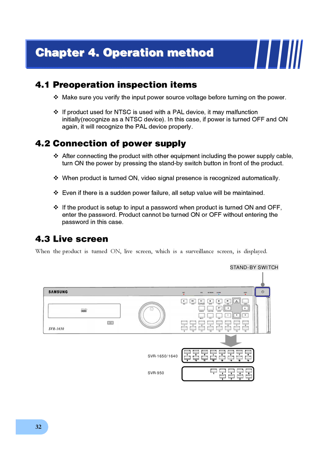 Samsung SVR-950, SVR-1640 user manual Preoperation inspection items, Connection of power supply, Live screen 