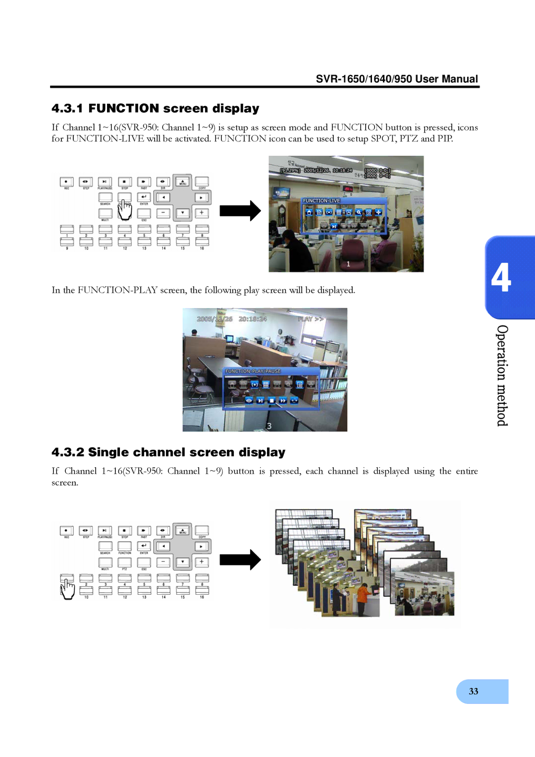 Samsung SVR-1640, SVR-950 user manual Function screen display, Single channel screen display 