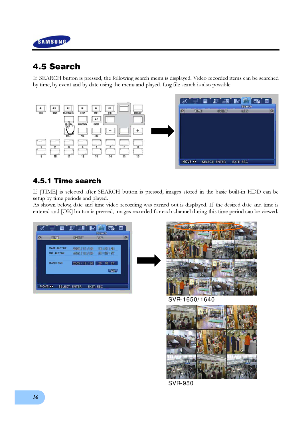 Samsung SVR-1640 user manual Search, Time search, SVR-1650/1640 SVR-950 
