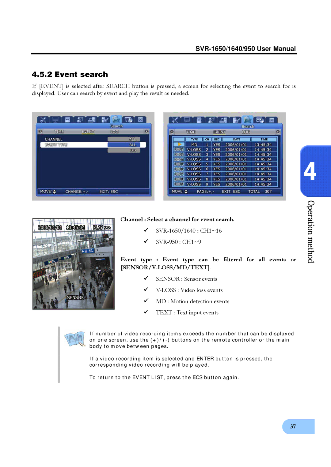 Samsung SVR-1640, SVR-950 user manual Event search 