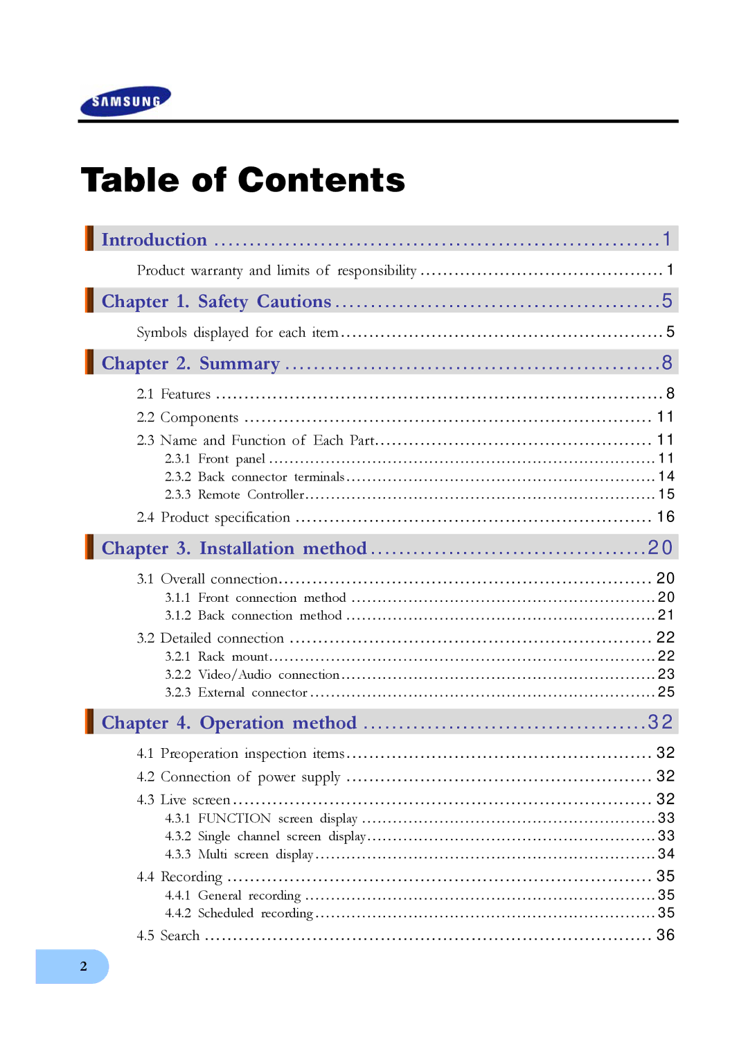 Samsung SVR-950, SVR-1640 user manual Table of Contents 