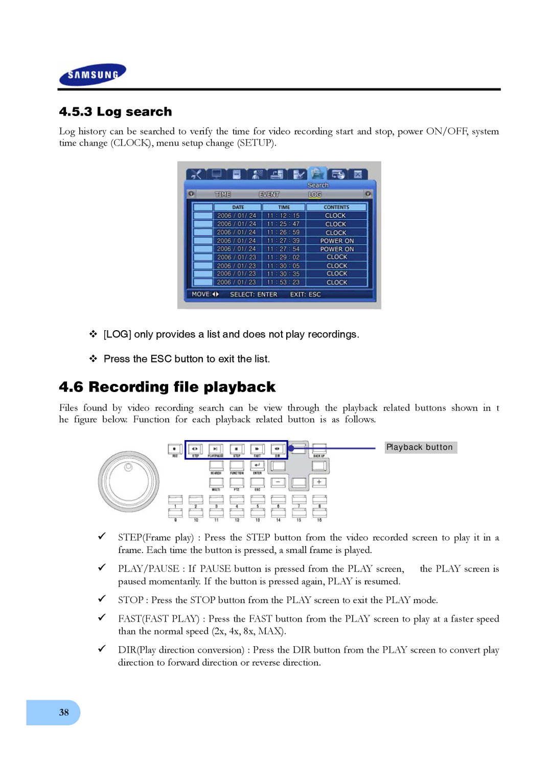 Samsung SVR-950, SVR-1640 user manual Recording file playback, Log search 