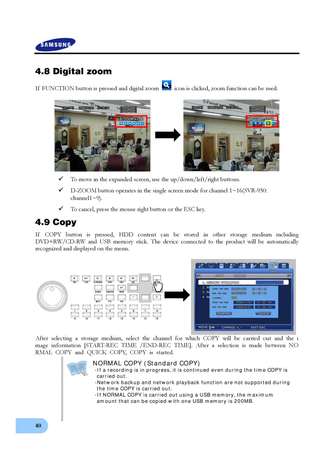 Samsung SVR-950, SVR-1640 user manual Digital zoom, Copy 