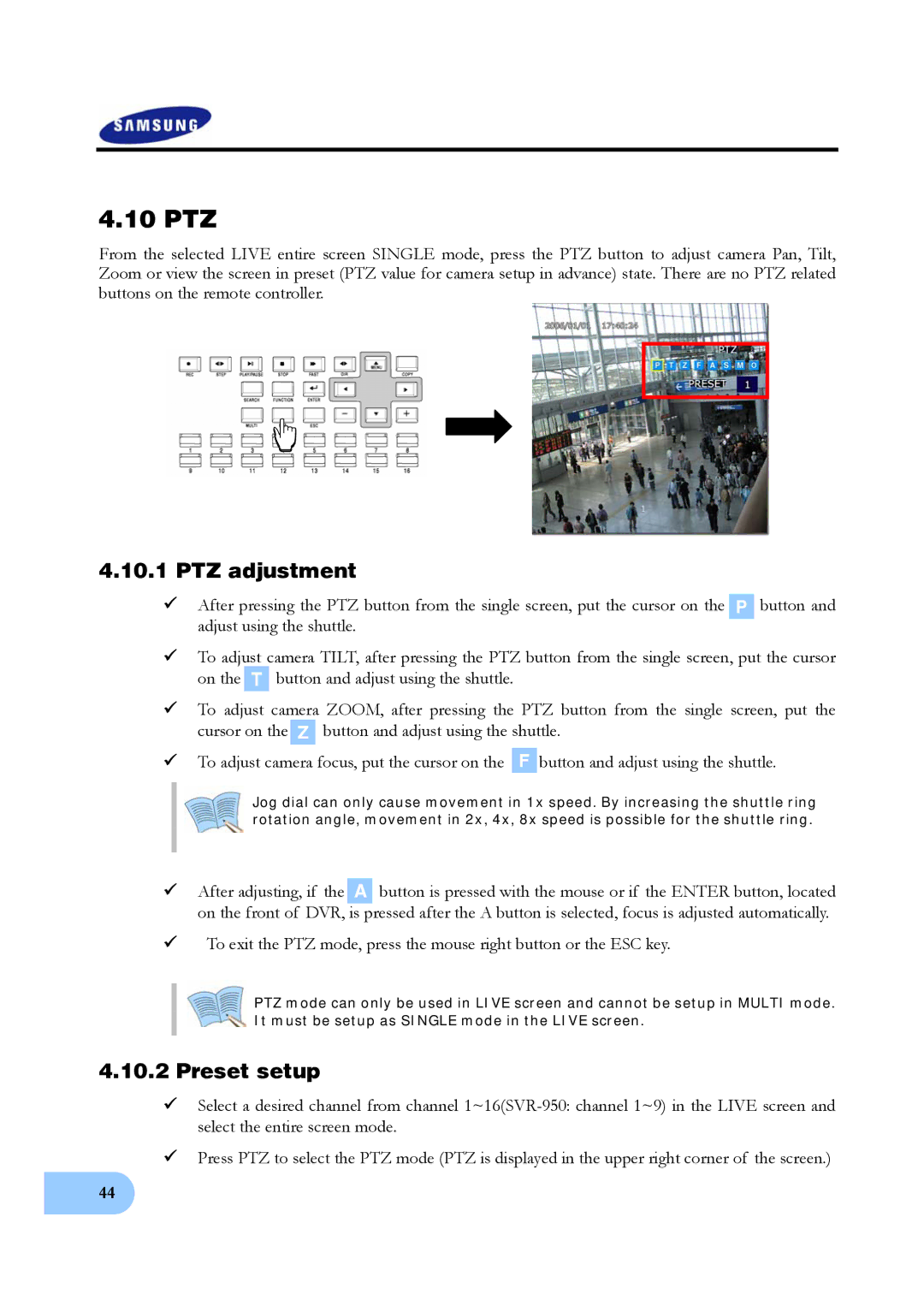 Samsung SVR-950, SVR-1640 user manual 10 PTZ, PTZ adjustment, Preset setup 