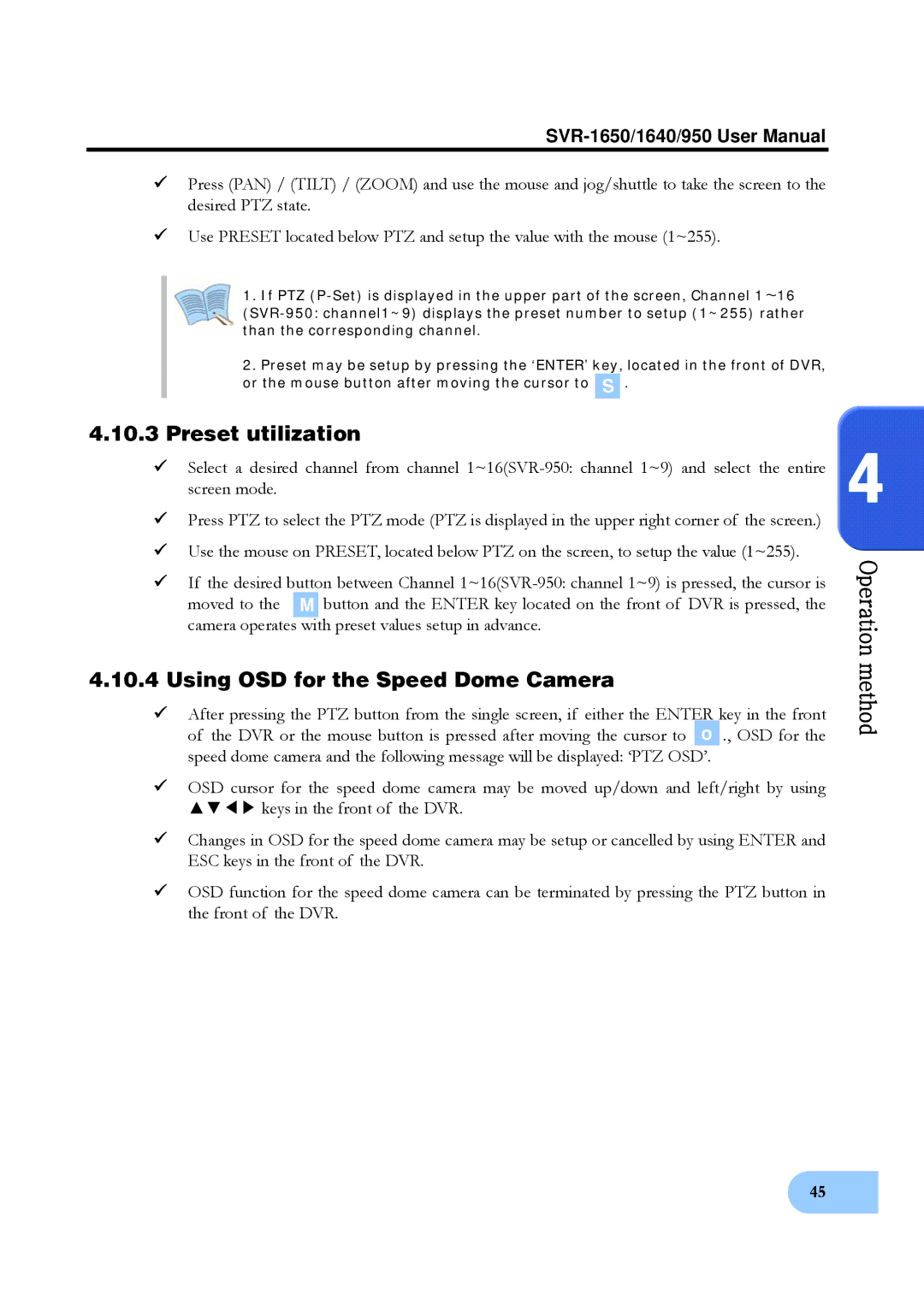 Samsung SVR-1640, SVR-950 user manual Preset utilization, Using OSD for the Speed Dome Camera 