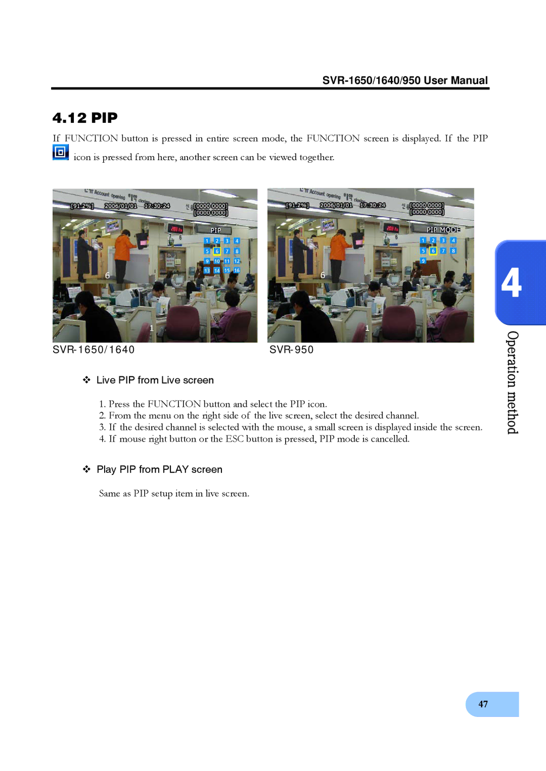 Samsung SVR-1640 user manual 12 PIP, SVR-1650/1640SVR-950 