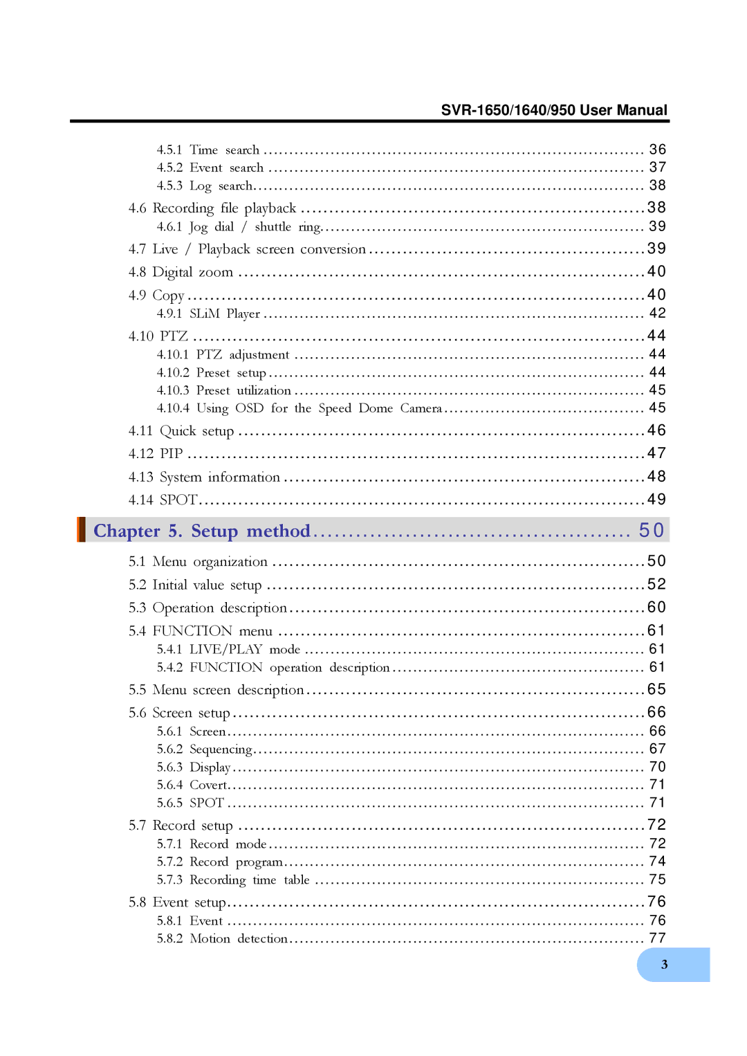 Samsung SVR-1640, SVR-950 user manual Ptz, Function operation description 