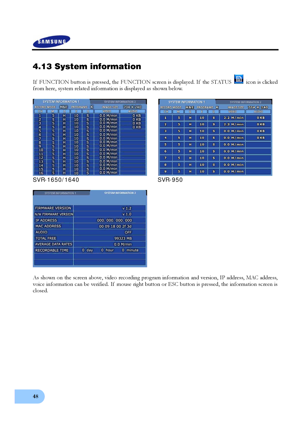 Samsung SVR-950, SVR-1640 user manual System information 