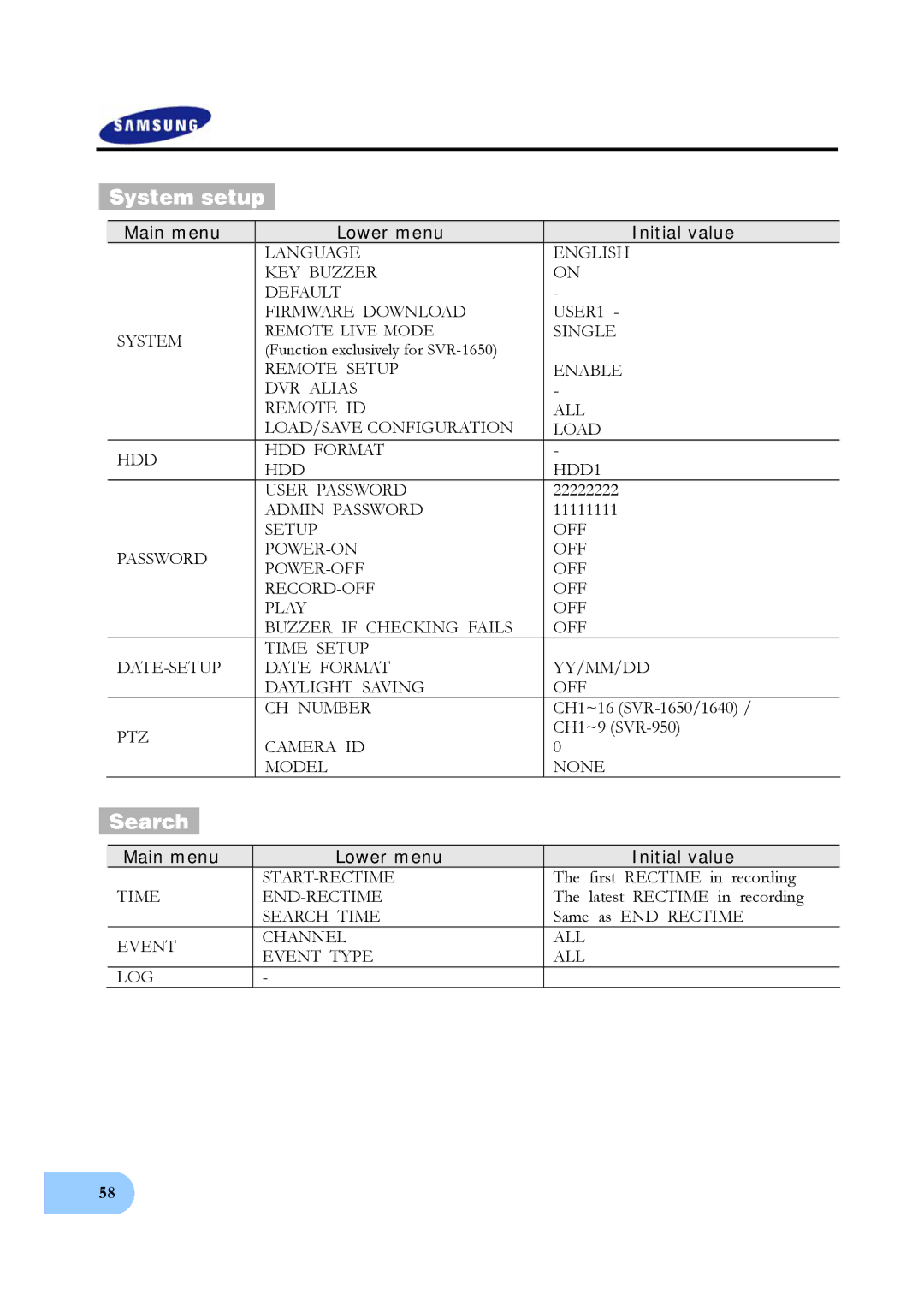 Samsung SVR-950, SVR-1640 user manual System setup, Search 