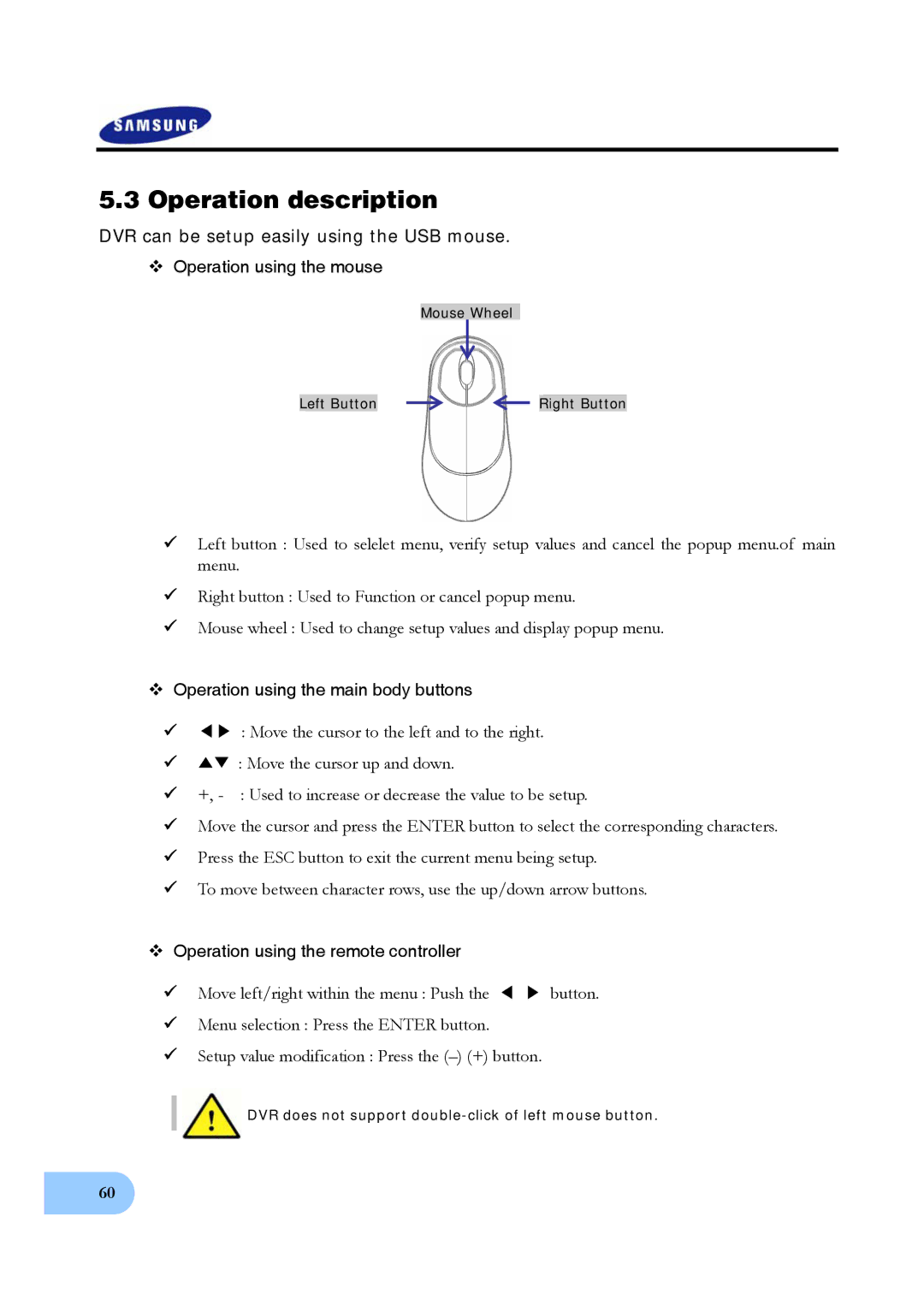 Samsung SVR-950, SVR-1640 user manual Operation description, DVR can be setup easily using the USB mouse 