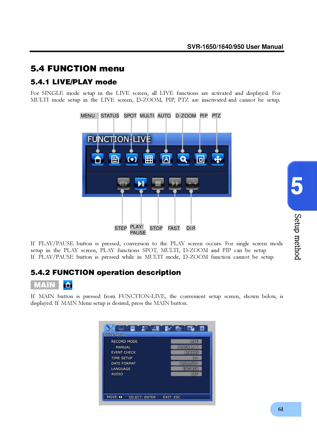 Samsung SVR-1640, SVR-950 user manual Function menu, LIVE/PLAY mode, Function operation description 