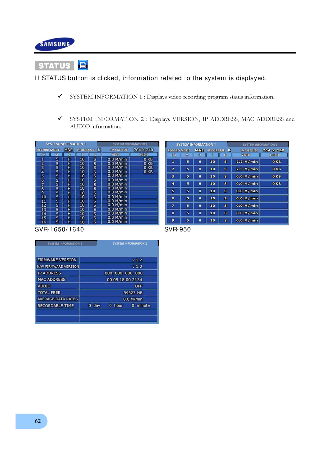 Samsung SVR-950, SVR-1640 user manual Status 