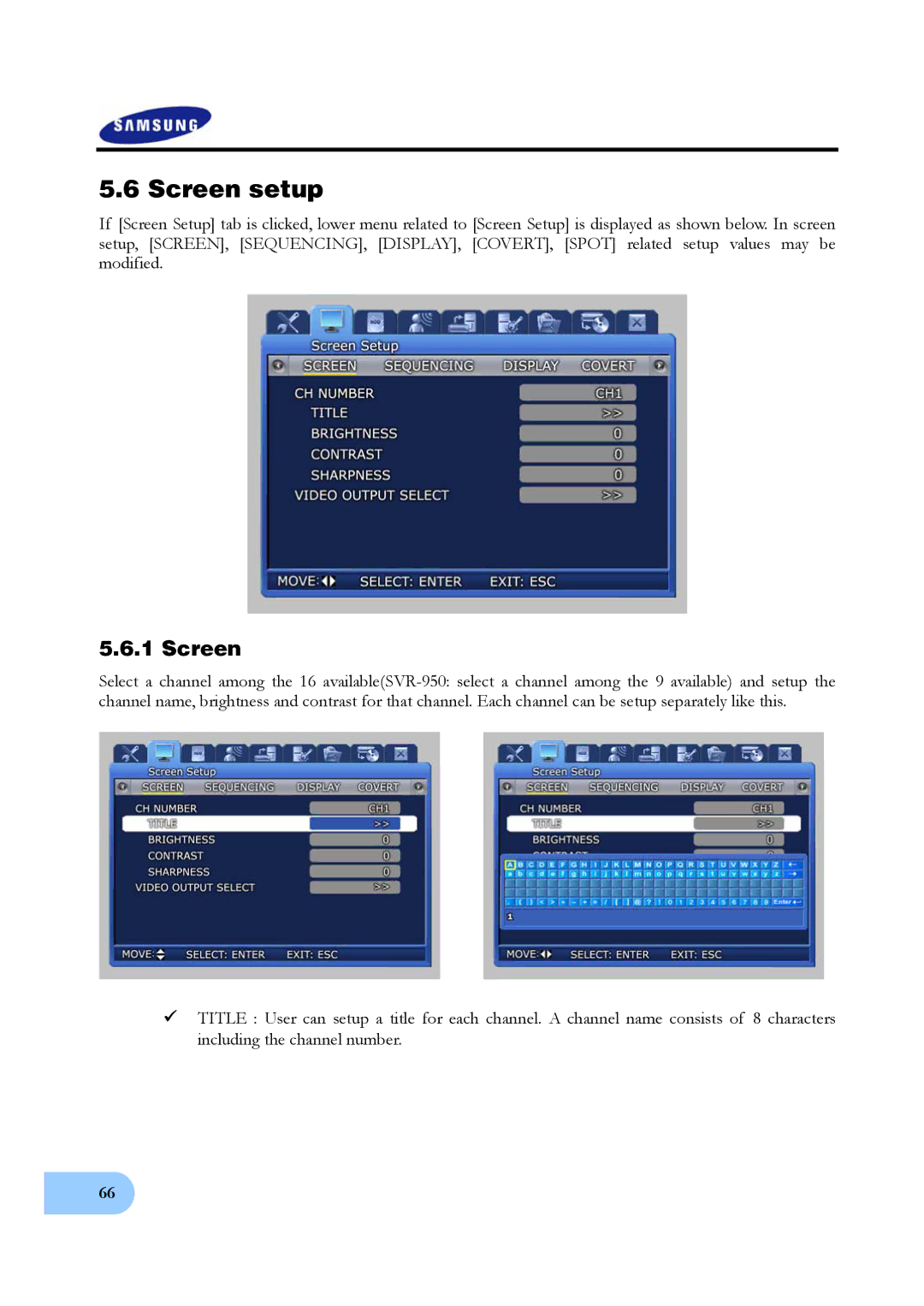 Samsung SVR-950, SVR-1640 user manual Screen setup 