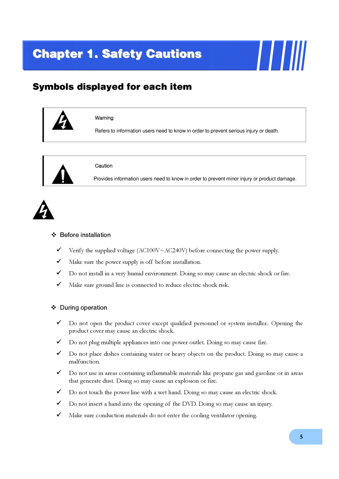 Samsung SVR-1640, SVR-950 user manual Safety Cautions, Symbols displayed for each item 