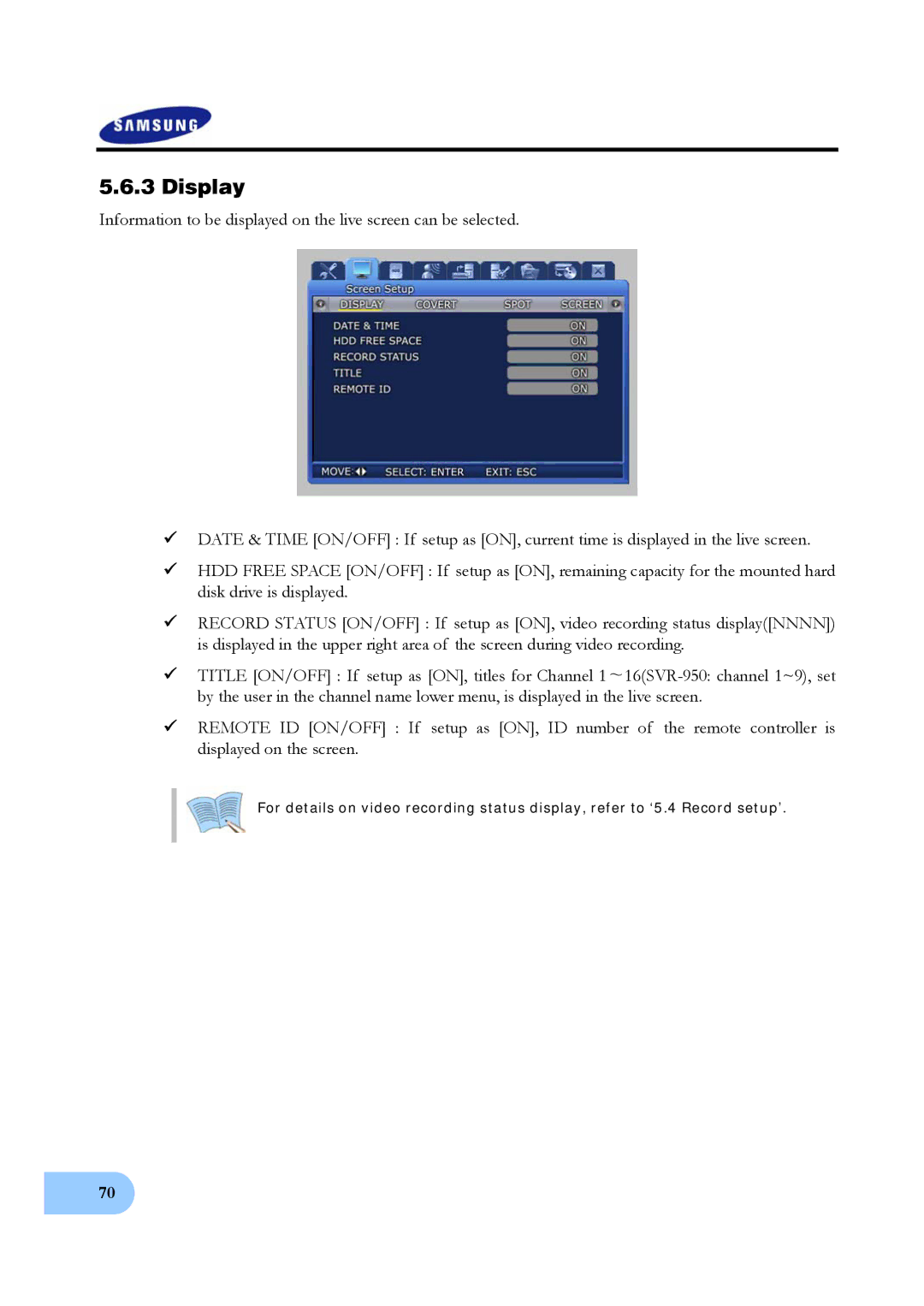 Samsung SVR-950, SVR-1640 user manual Display 